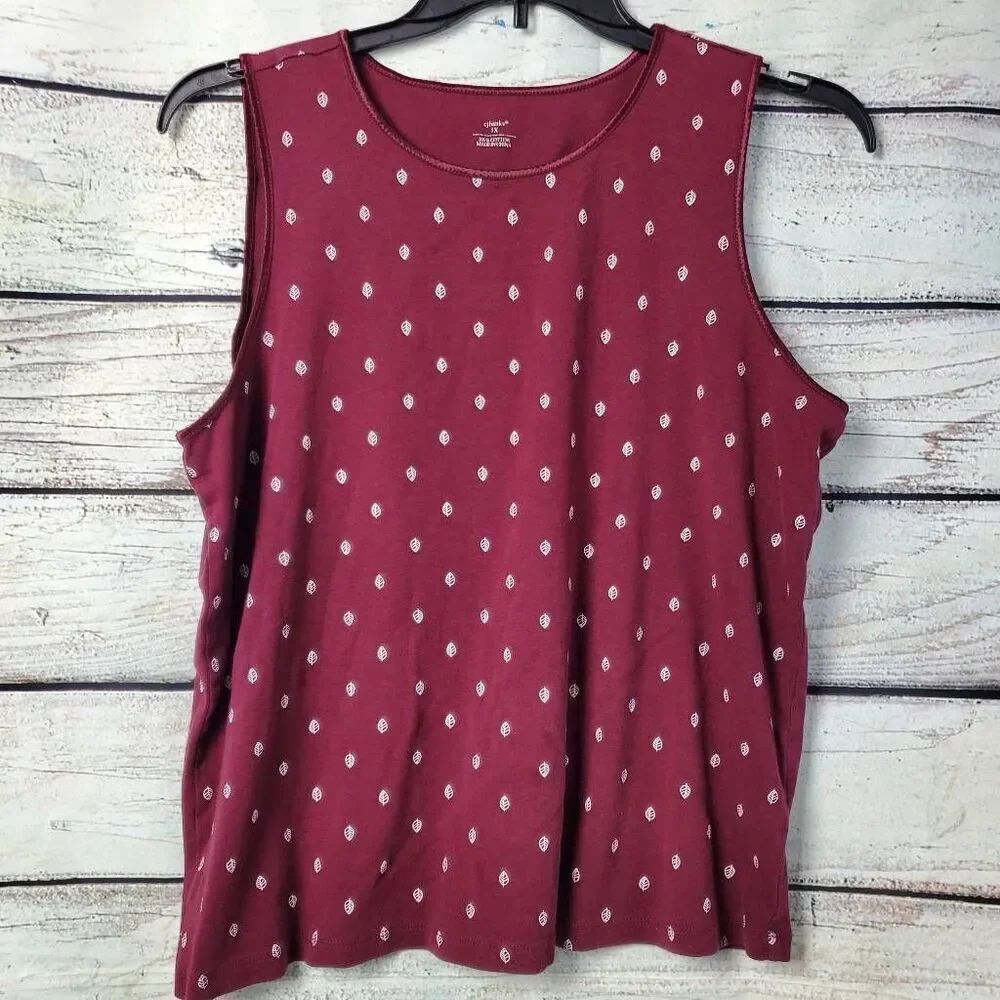 CJ Banks Sleeveless Tank Top Burgundy White Dot Print 100% Cotton 1X Plus Size